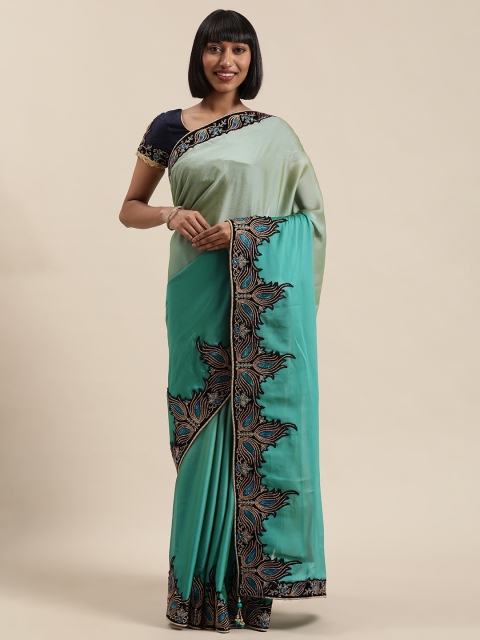 

NAKKASHI Green & Blue Ombre georgette Silk Saree with embroidered unstitched blouse