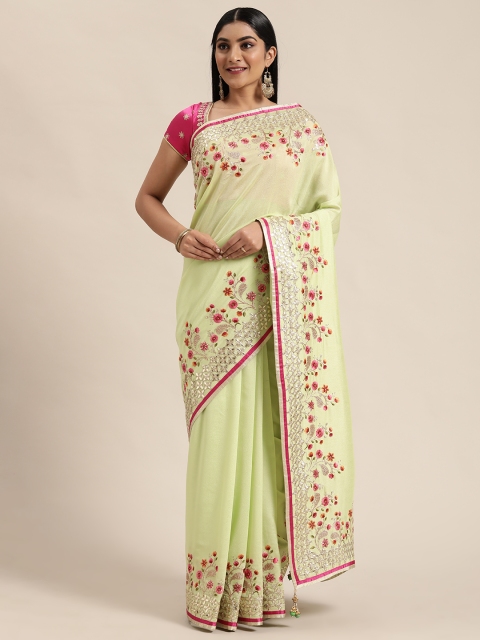 

NAKKASHI Lime Green Embroidered Art Silk Saree