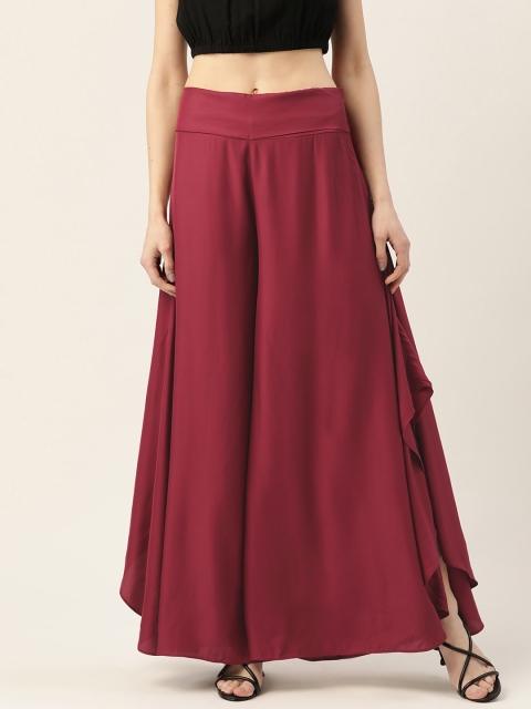

Ritu Kumar Women Wine-Coloured Solid Satin Flared Palazzos, Maroon
