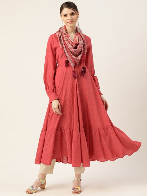 

Ritu Kumar Women Coral Orange Woven Design Anarkali Kurta with Scarf