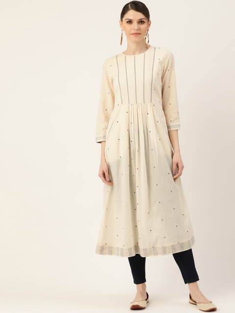 

Ritu Kumar Women Off-White & Navy Blue Embroidered A-Line Kurta