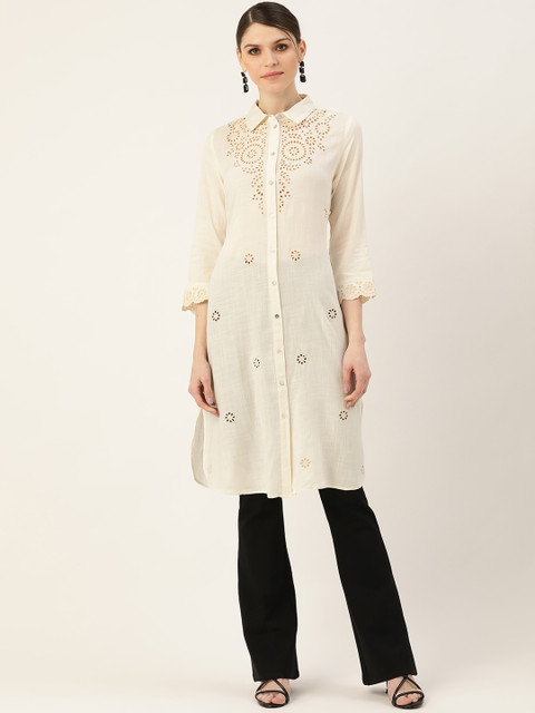

Ritu Kumar Women Off-White Cotton Schiffli Embroidered Straight Kurta