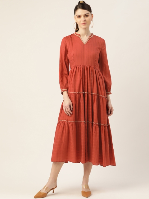 

Ritu Kumar Women Rust Red Solid Tiered A-Line Midi Dress