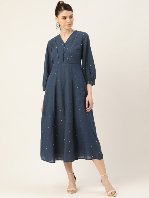 

Ritu Kumar Women Navy Blue Self-Striped A-Line Midi Dress