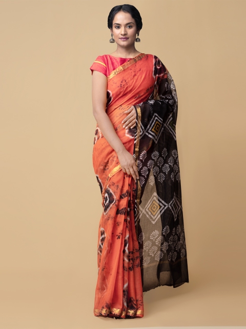 

Unnati Silks Orange Pure Cotton Printed Handloom Kota Saree