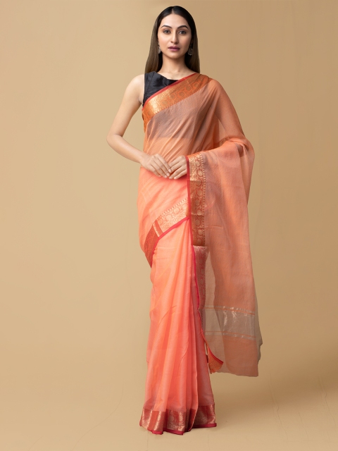 

Unnati Silks Orange Pure Cotton Checked Kota Handloom Saree