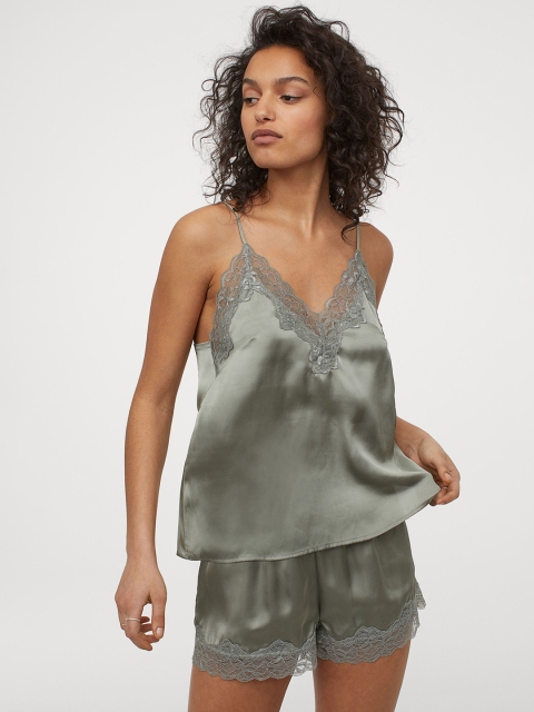 

H&M Women Green Pyjama Cami Top And Shorts