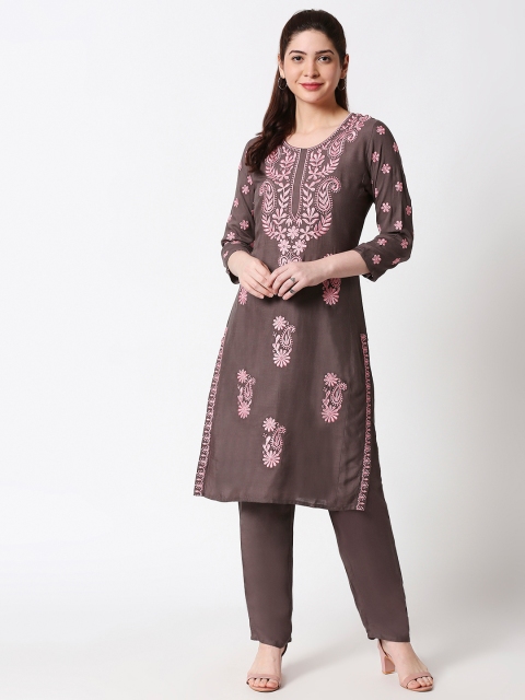 

ZRI Women Taupe & Pink Embroidered Kurta with Trousers