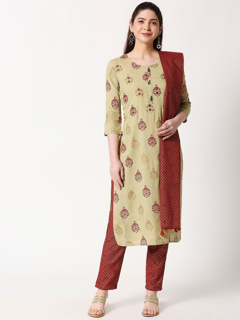 

ZRI Women Olive Green & Maroon Embroidered Kurta with Trousers & Dupatta