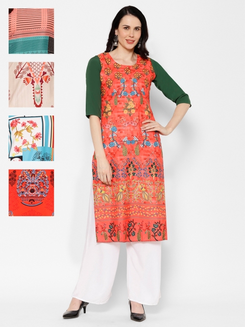

7Threads Women Pack of 5 Printed Straight Kurtas, Orange