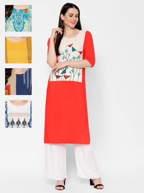 

7Threads Women Pack Of 5 Printed Straight Kurtas, Red