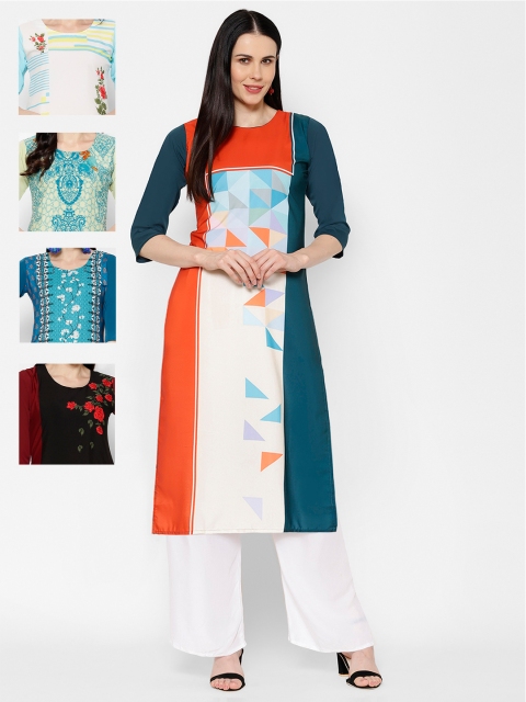 

7Threads Women Pack of 5 Printed Straight Kurtas, Orange