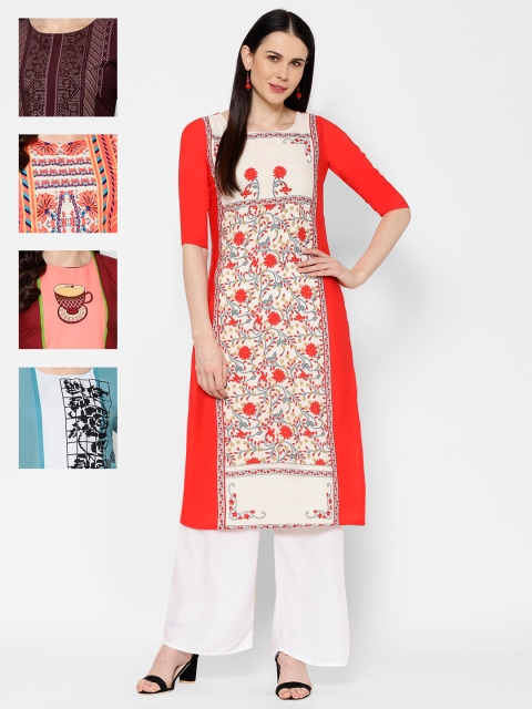 

7Threads Women Pack of 5 Printed Straight Kurtas, Orange
