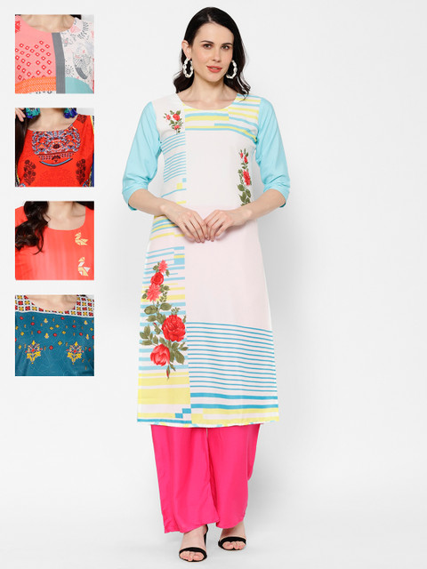 

7Threads Women Pack Of 5 Printed Straight Kurtas, Teal