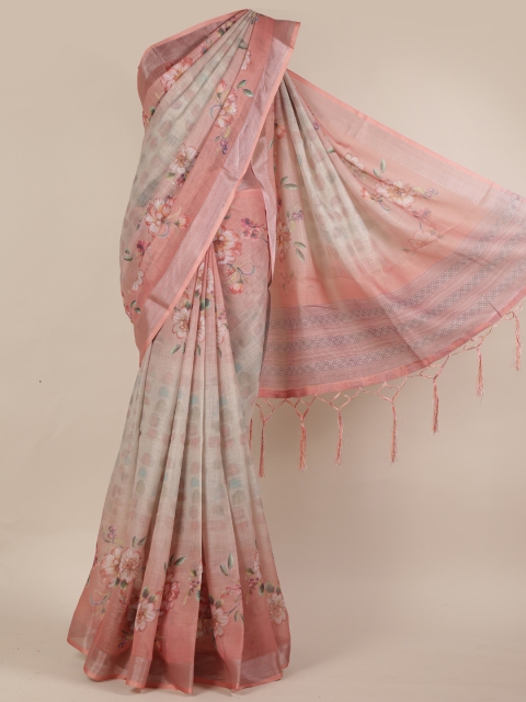 

Pothys Peach-Coloured & Grey Linen Blend Printed Saree