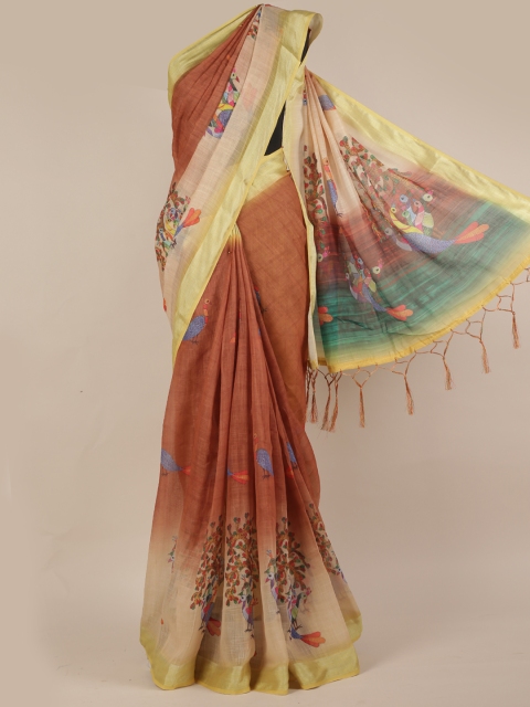 

Pothys Brown & Off-White Linen Blend Printed Saree