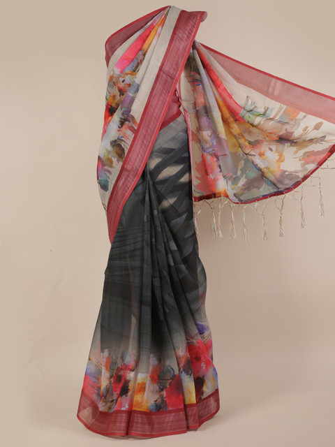 

Pothys Grey & Off-White Linen Blend Printed Saree
