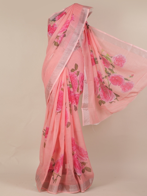 

Pothys Peach-Coloured Floral Printed Linen Blend Saree