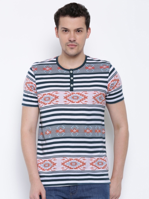 

Forca by Lifestyle Men White & Navy Blue Printed Henley T-shirt