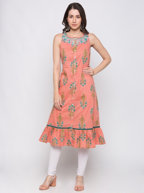 

Globus Women Peach-Coloured & Blue Embroidered A-Line Kurta