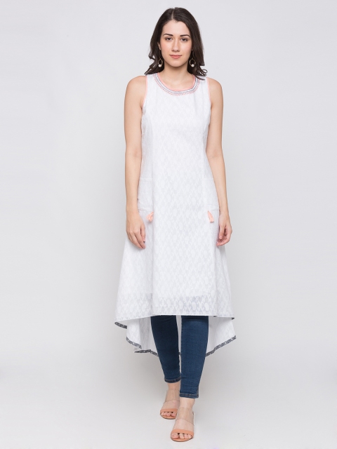 

Globus Women White Woven Design A-Line Cotton Kurta