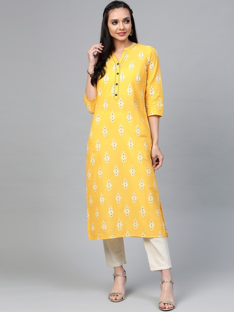 

Yuris Women Yellow & White Floral Printed Pure Cotton Straight Kurta