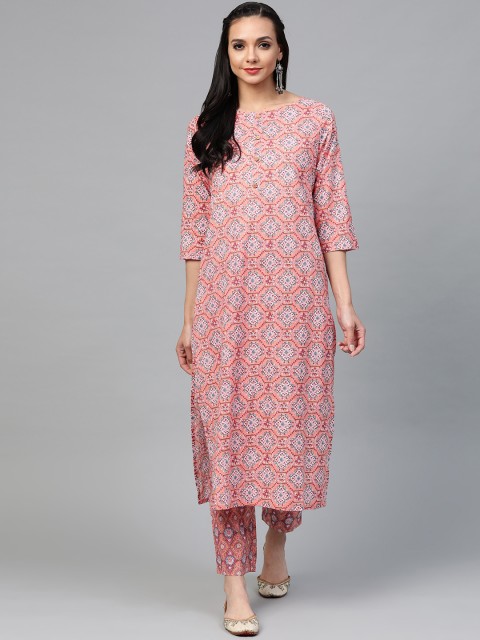 

Yuris Women Peach-Coloured & Blue Printed Kurta with Trousers
