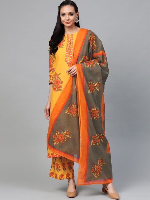 

Yuris Women Mustard Yellow & Olive Green Printed Kurta with Palazzos & Dupatta