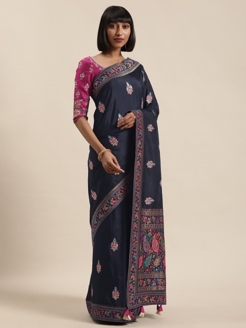 

NAKKASHI Navy Blue & Pink Art Silk Embroidered Saree