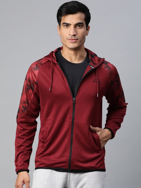 

Alcis Men Maroon Solid Hooded Front-Open Sweatshirt With Printed Sleeves
