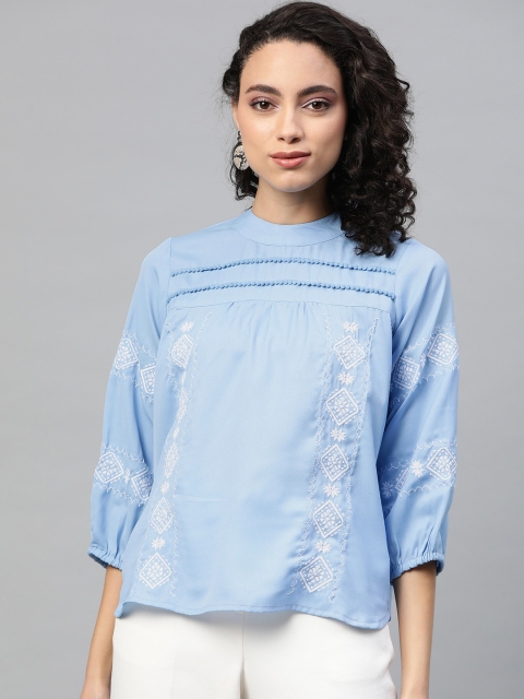 

plusS Women Blue Embroidered Top With Puff Sleeves