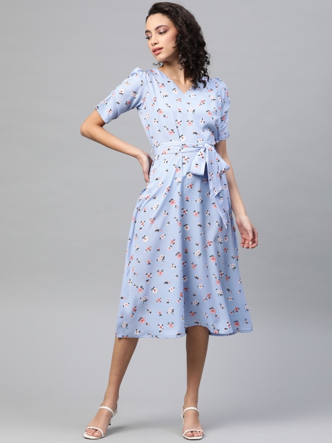 

plusS Women Blue & Peach-Coloured Floral Print Midi A-Line Dress with Belt