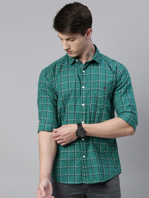 

Louis Philippe Jeans Men Green & Black Regular Fit Checked Pure Cotton Casual Shirt