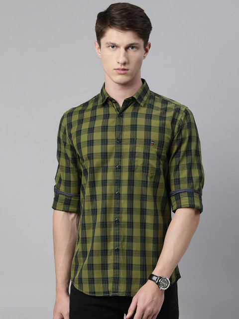 

Louis Philippe Jeans Men Olive Green & Black Super Slim Fit Checked Casual Shirt