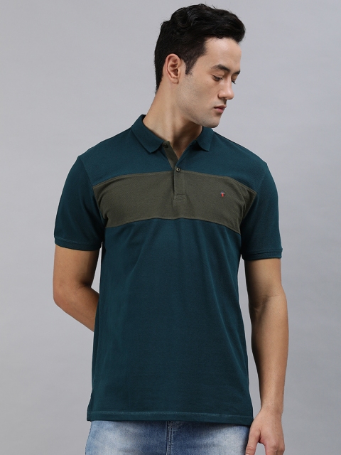 

Louis Philippe Jeans Men Teal blue & Grey Colourblocked Polo Collar T-shirt