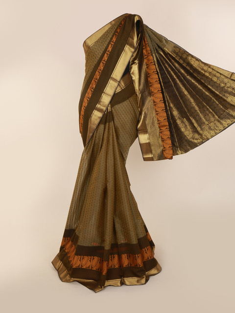 

Pothys Olive Green & Brown Silk Cotton Printed Saree