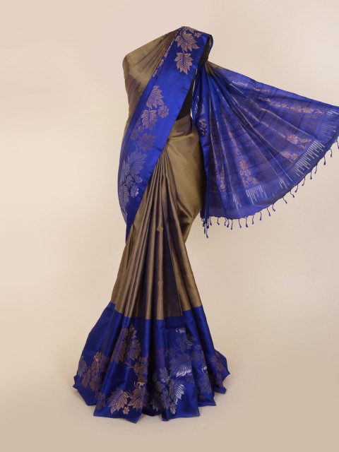 

Pothys Brown & Blue Pure Silk Colourblocked Kanjeevaram Saree