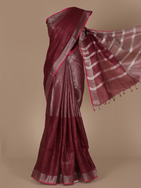 

Pothys Maroon Solid Linen Saree with Zari Border