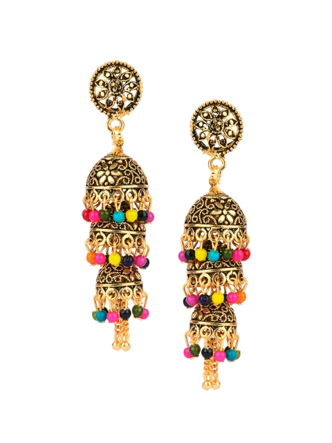 

DESI COLOUR Gold-Toned & Multicoloured Contemporary Jhumkas