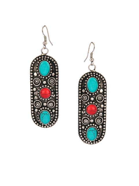 

DESI COLOUR Silver-Toned & Turquoise Blue Contemporary Drop Earrings