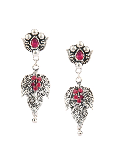 

DESI COLOUR Pink Silver-Toned Handcrafted Oxidised Contemporary Drop Earrings