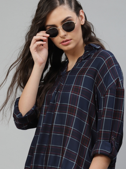 

Roadster Women Sustainable EcoVero Navy Blue Maroon Regular Fit Checked Casual Shirt