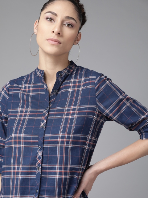 

The Roadster Lifestyle Co Women Navy Blue Rust Brown Tartan Checked Casual Shirt