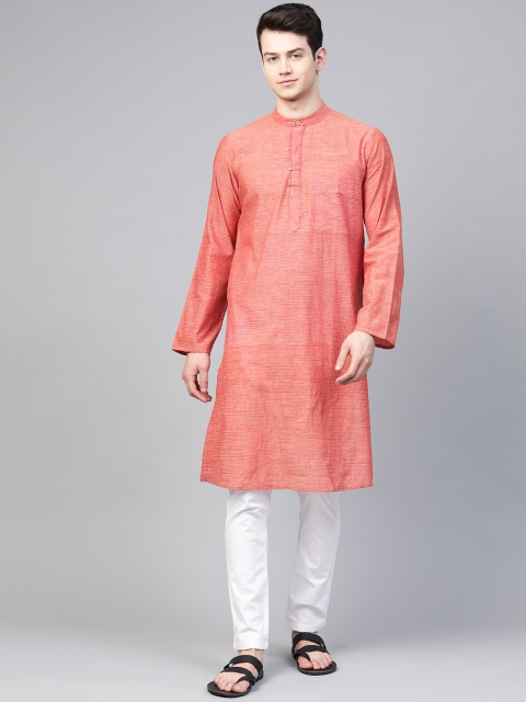

Fabindia Men Rust Red Pure Cotton Self-Striped Straight Kurta