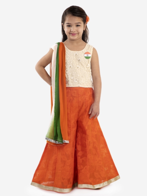 

Lil Peacock Girls Cream-Coloured & Orange Embroidered Top with Palazzos