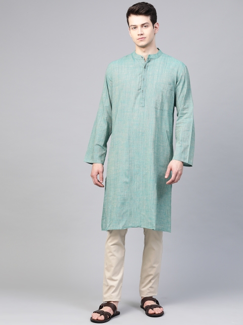 

Fabindia Men Green Pure Cotton Self-Striped Straight Kurta
