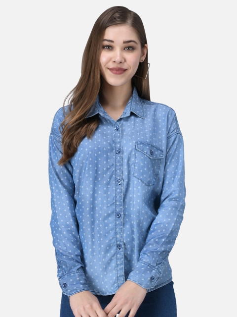 

The Dry State Women Blue Regular Fit Striped Casual Denim Shirt