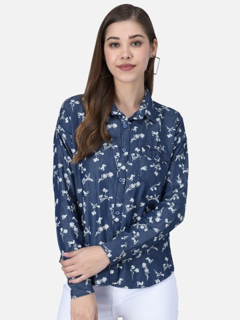 

The Dry State Women Navy Blue Regular Fit Floral Printed Casual Denim Shirt