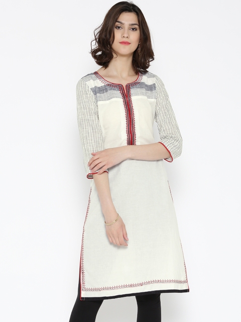 

Rangriti Women Off-White Printed Straight Kurta with Embroidered Detail