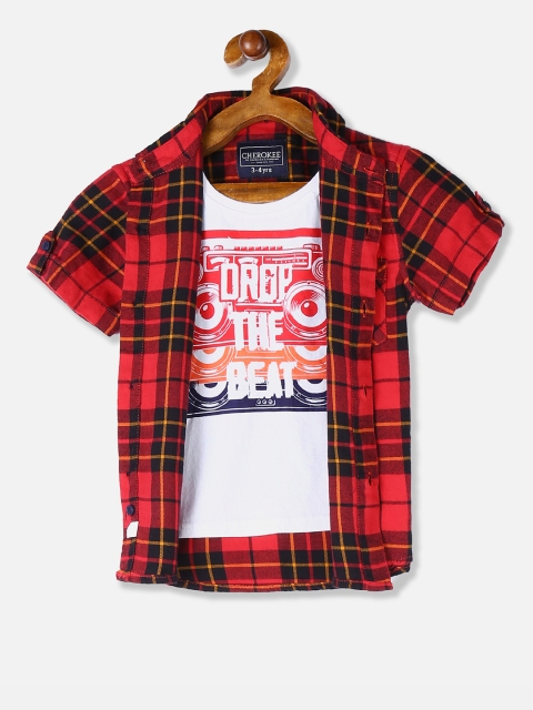 

Cherokee Boys Red & White Regular Fit Checked Casual Shirt